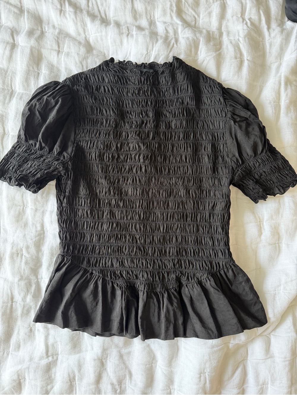 Smocked Black Puff-Sleeve Blouse with Ruffle Hem